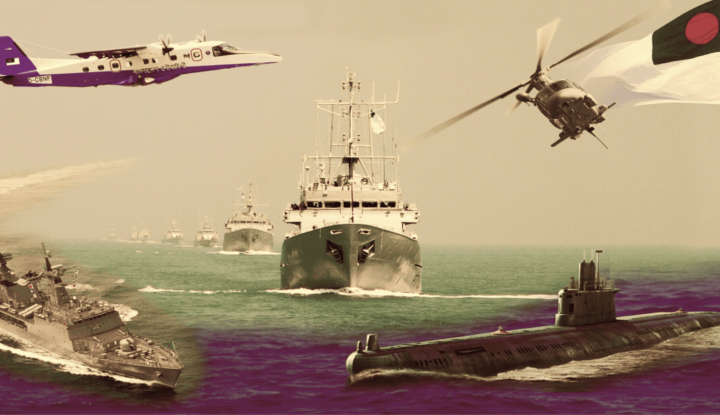 Bangladesh Navy fleet - ships, aircraft, and submarine at sea