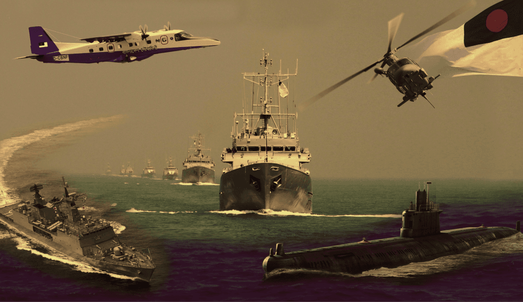 Bangladesh Navy helicopter and warship at sea