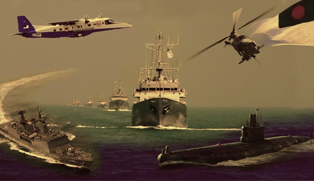Bangladesh Navy fleet — ships, aircraft and submarine in formation